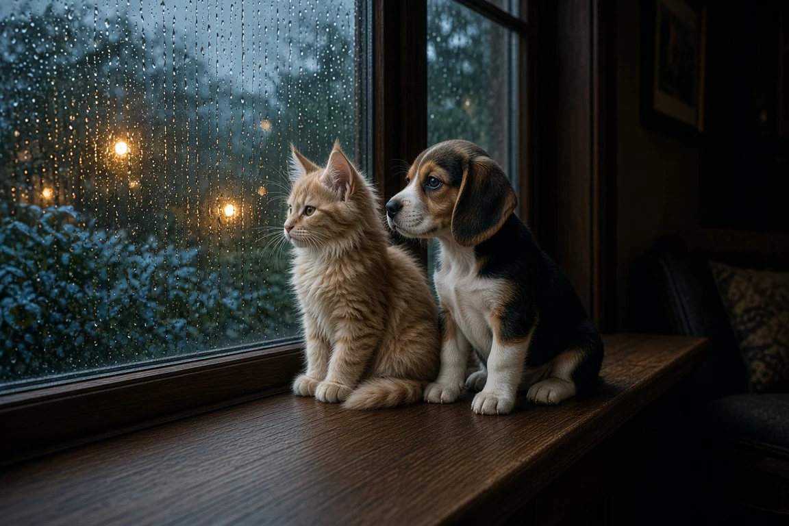 Rainy Window Cozy Watch with Maine Coon Kitten and Beagle Pup