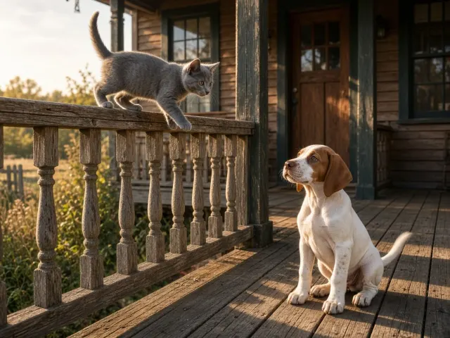 Country Porch Afternoon with Chartreux Kitten and English Pointer Pup