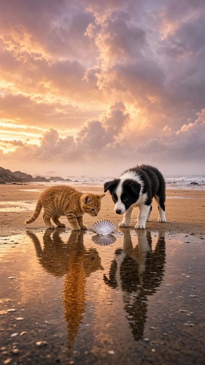 Coastal Tidal Flat Exploration with Ginger Tabby and Border Collie Pup