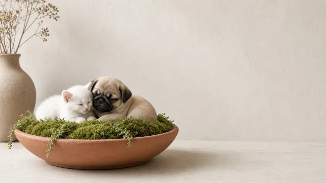 Terracotta Botanical Huddle with White Kitten and Fawn Pug Pup