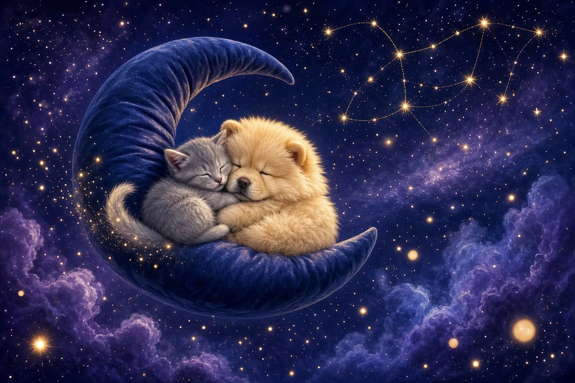 Luminous Whimsical Fantasy of Silver Kitten and Fluffy Chow Chow Pup