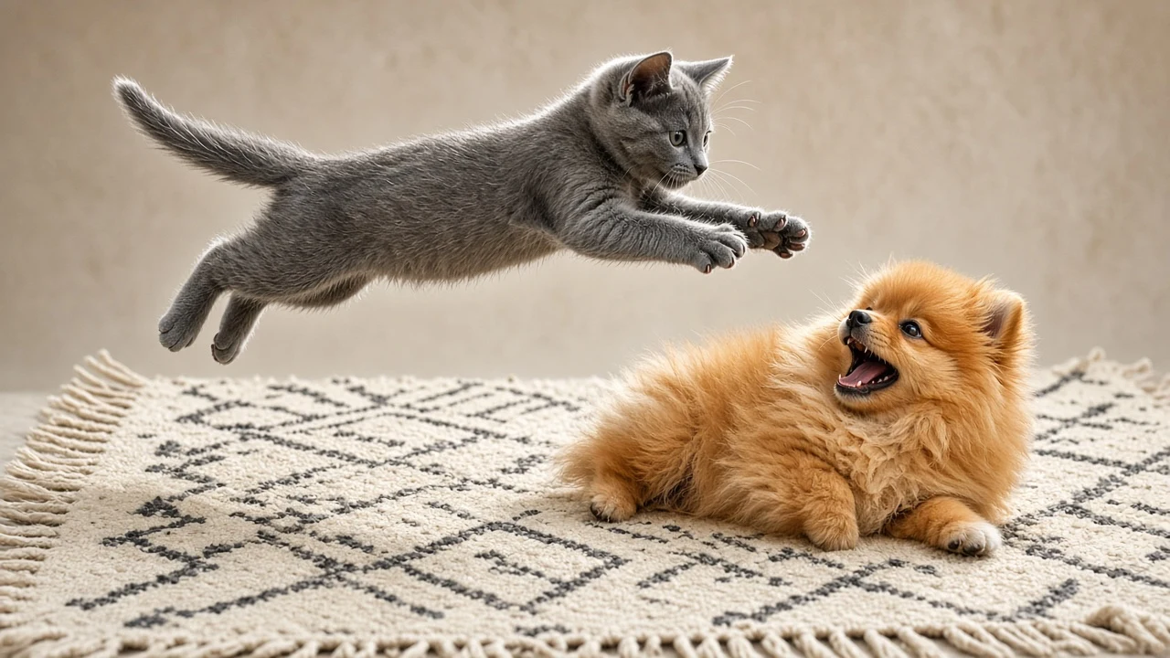 High-Speed Living Room Leap with Russian Blue Kitten and Pomeranian Pup