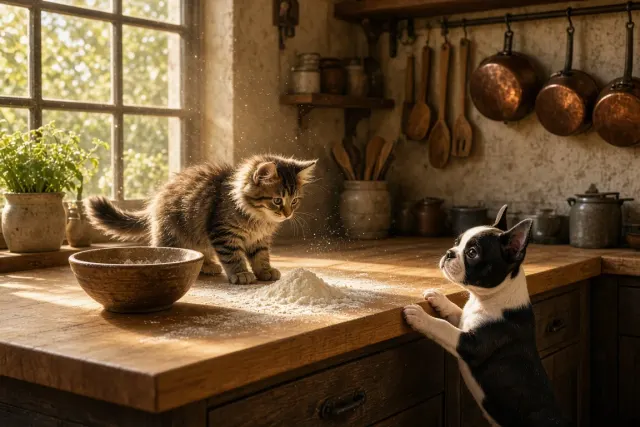 Bakery Kitchen Curiosity with Norwegian Forest Kitten and Boston Terrier