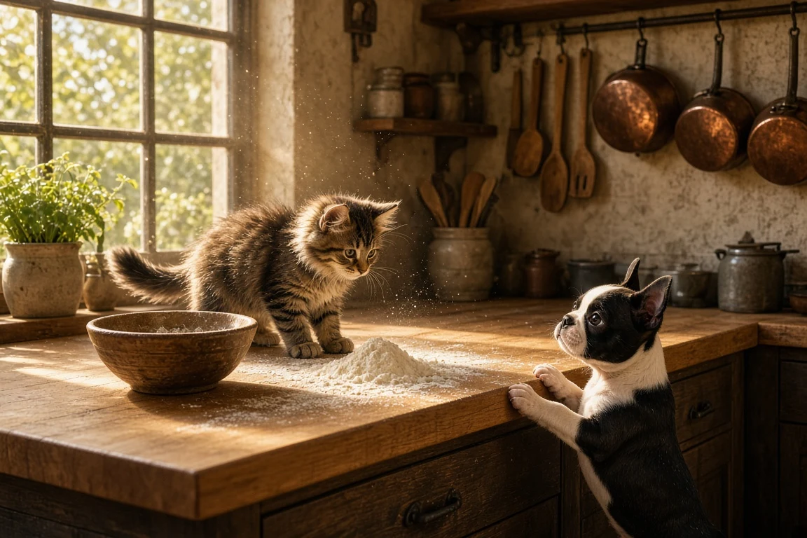 Bakery Kitchen Curiosity with Norwegian Forest Kitten and Boston Terrier