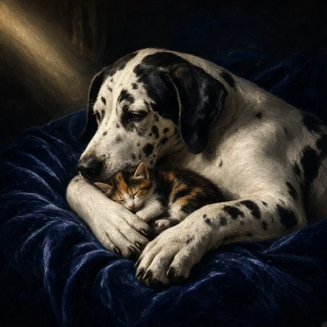 Chiaroscuro Masterwork of Sleeping Calico Kitten and Great Dane Pup