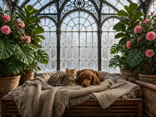 Conservatory Winter Garden with Bengal Kitten and Irish Setter Pup