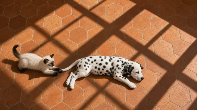 Top-Down Sunroom Tiles with Birman Kitten and Dalmatian Pup