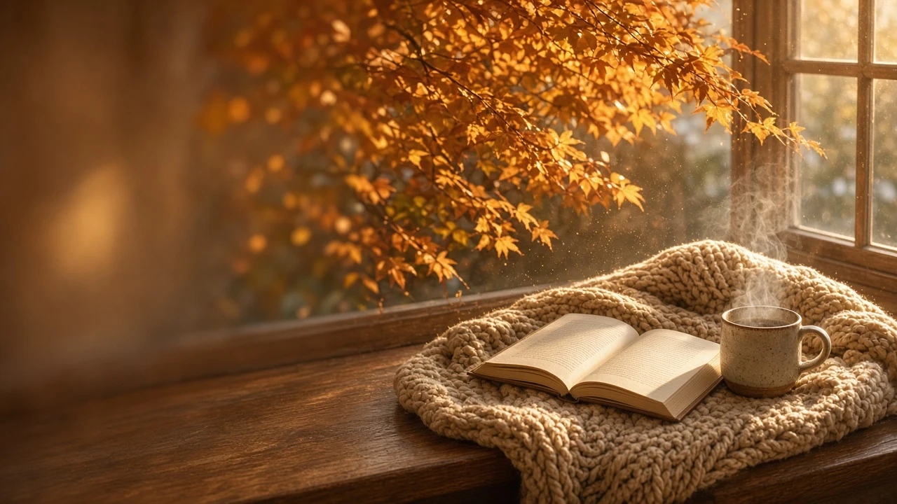 Sunlit Bay Window Reading Nook Framed by Golden Maple Leaves
