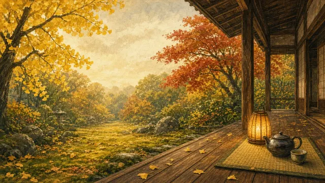 Engawa Veranda Overlooking Glowing Autumn Foliage Gouache Painting