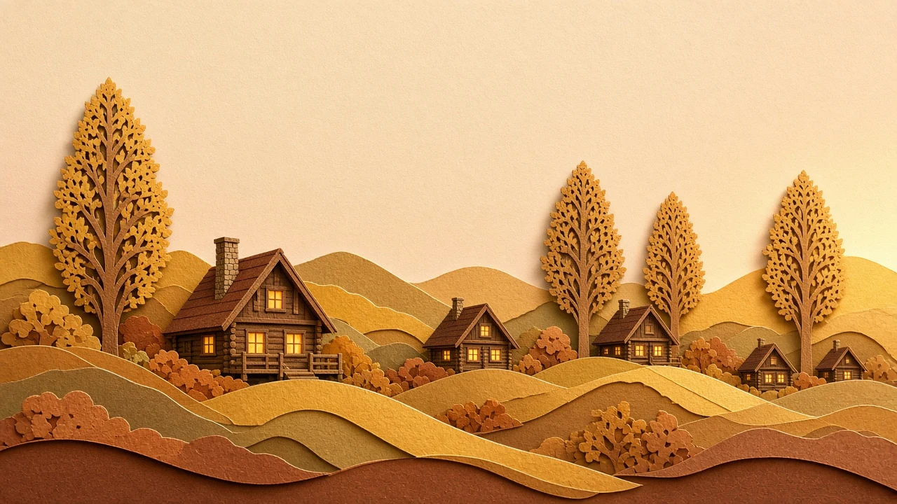 Layered Tactile Papercraft Landscape of Amber Hills and Cabins
