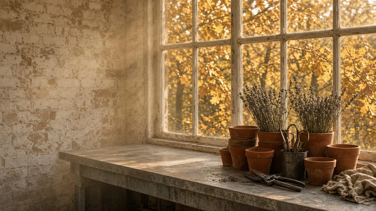 Sunlit Glasshouse Potting Table Surrounded by Autumn Foliage