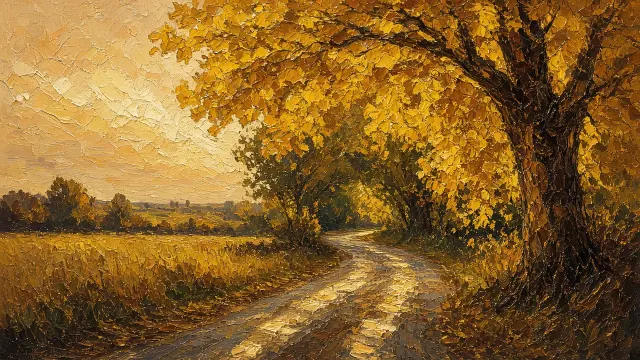Impasto Oil Painting of Country Lane Beneath Golden Elm Arch