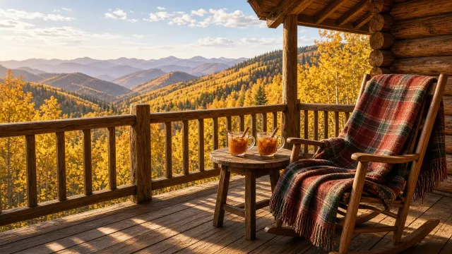 Log Cabin Porch Overlooking Golden Aspen Ridge in Autumn Sunlight