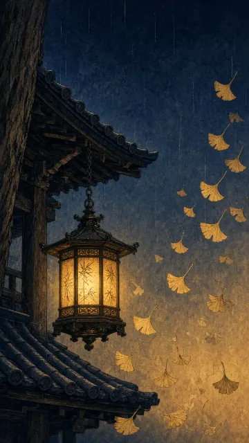 Shin-Hanga Style Woodblock Lantern and Falling Ginkgo Phone Art