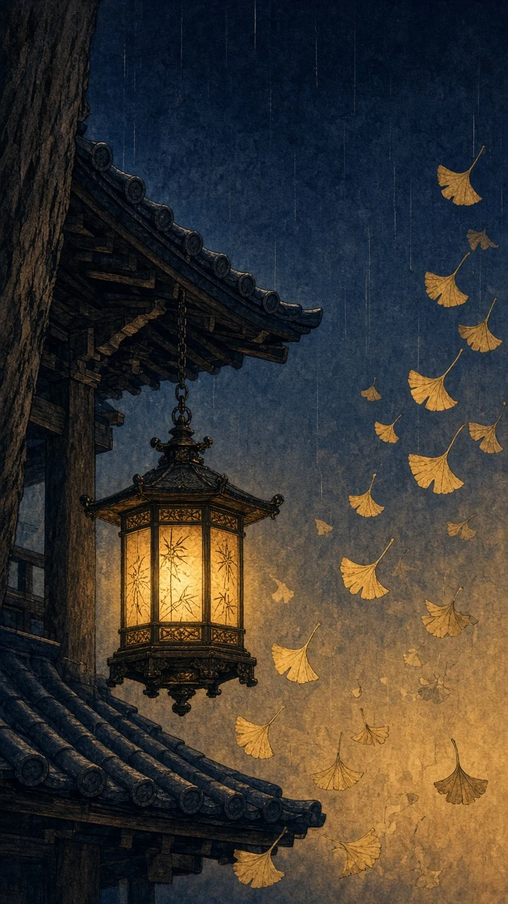 Shin-Hanga Style Woodblock Lantern and Falling Ginkgo Phone Art