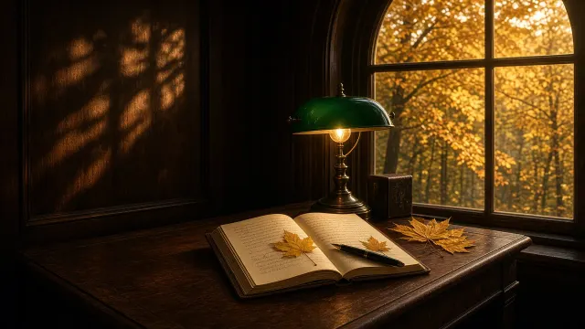 Antique Library Desk Illuminated by Brass Lamp and Golden Foliage
