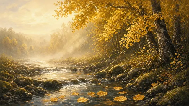 Digital Matte Painting of Golden Forest Creek and Sunlit Haze