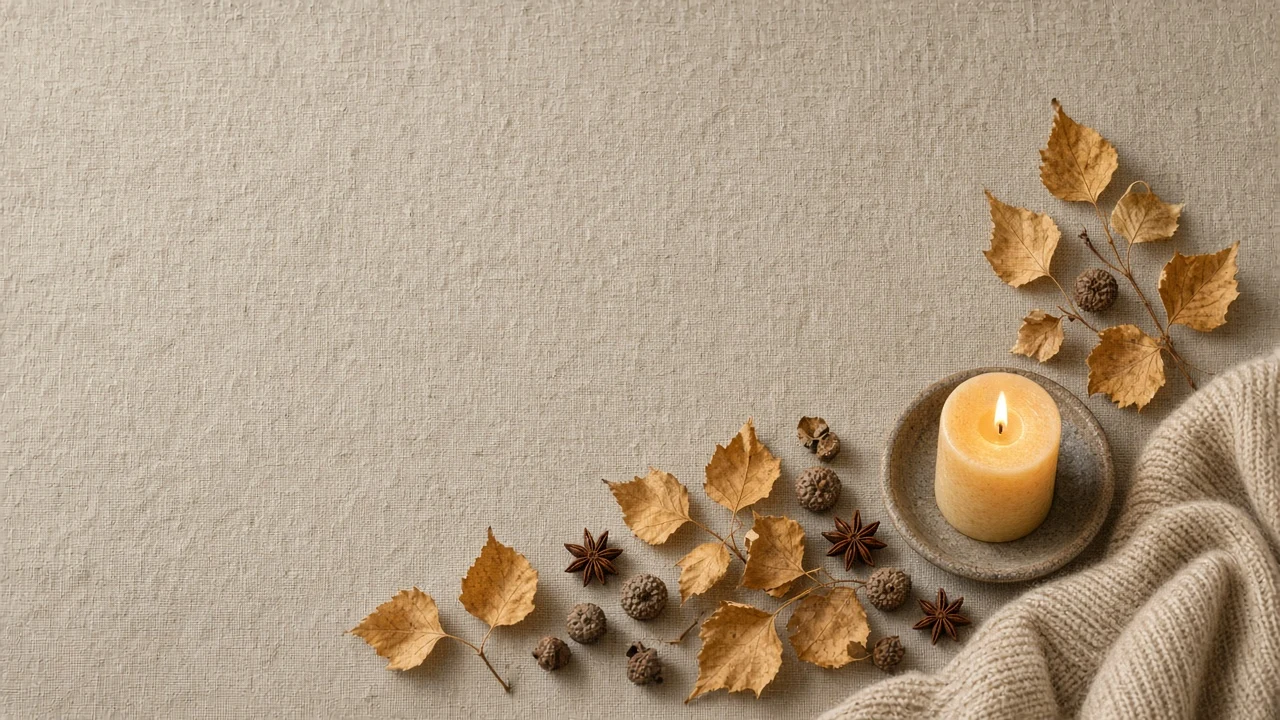 Minimalist Autumn Flat Lay with Linen, Acorns, and Warm Candlelight