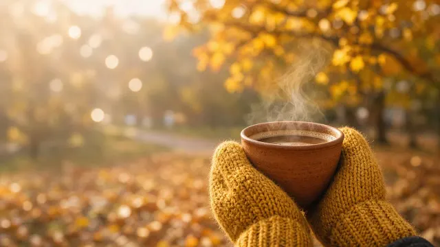 Holding Warm Ceramic Coffee Cup in Park Bokeh Lock-Screen