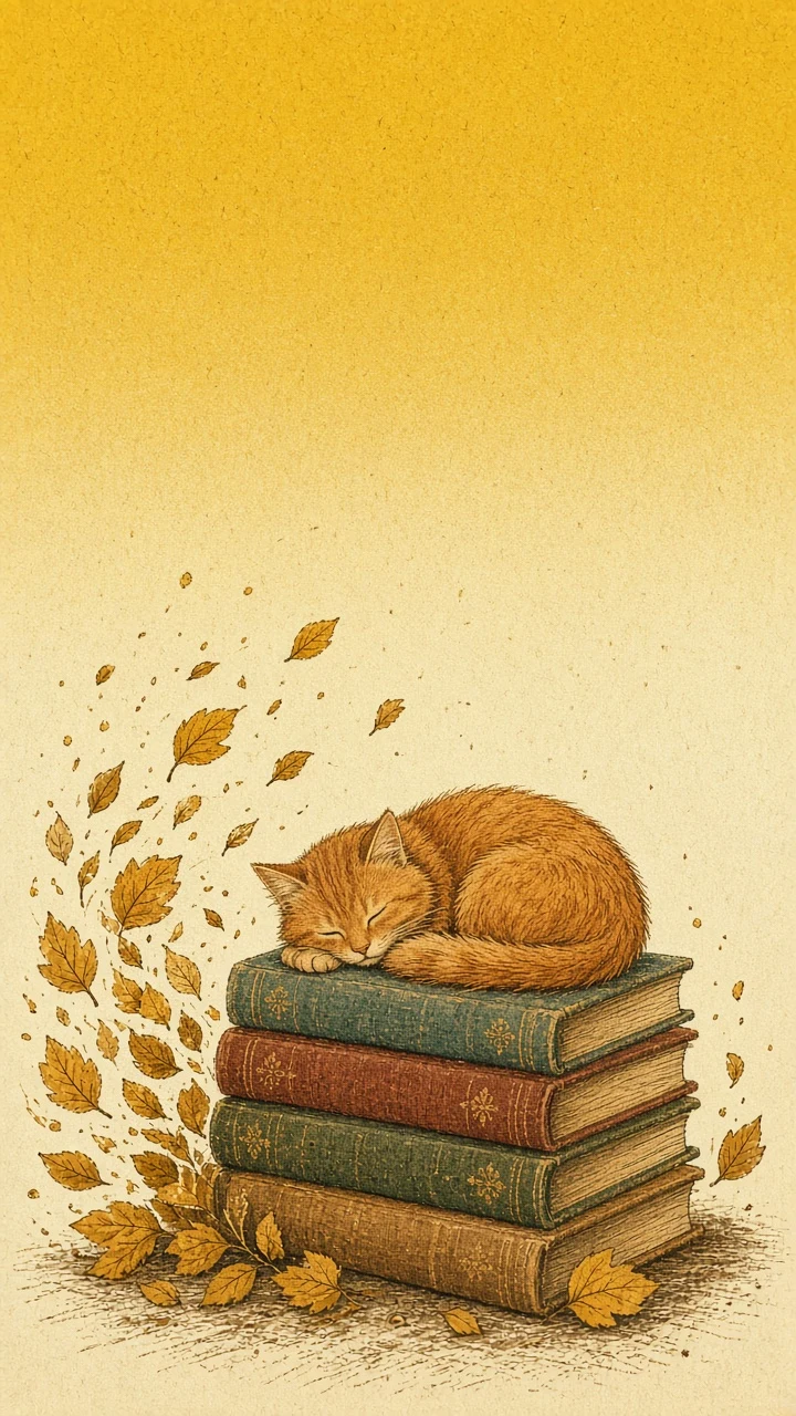 Sleeping Ginger Cat Wrapped in Golden Leaf Swirls Risograph Art