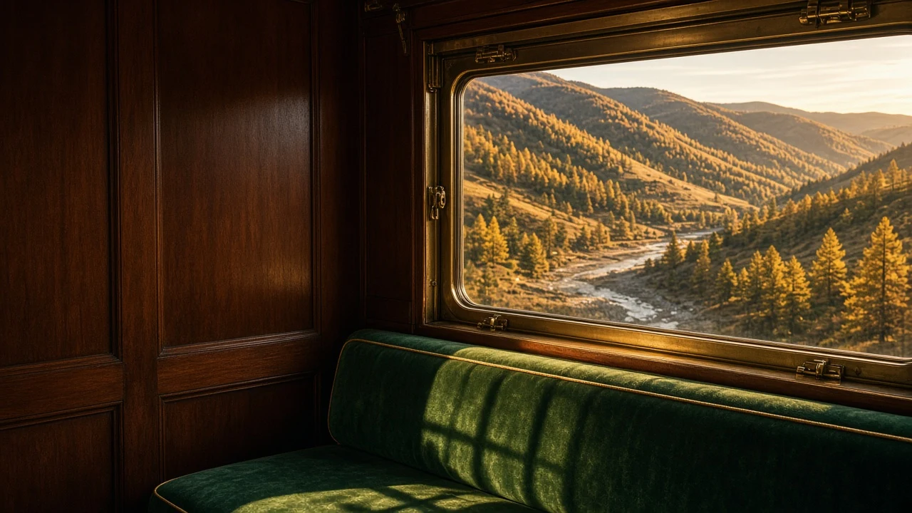 Vintage Train Carriage Window Looking onto Golden Autumn Hills