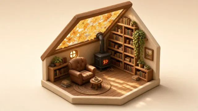 Isometric Cozy Attic Study 3D Miniature Bathed in Autumn Light