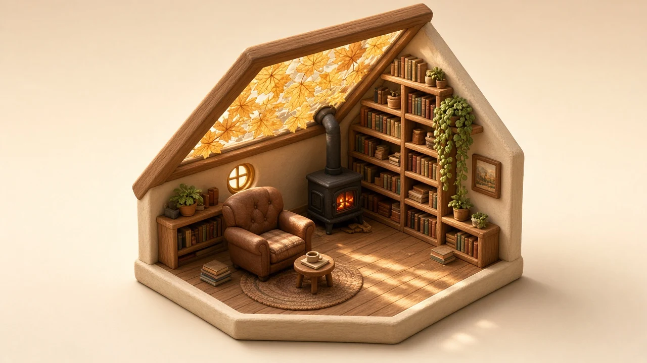 Isometric Cozy Attic Study 3D Miniature Bathed in Autumn Light