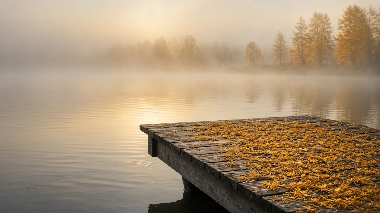 Misty Lakeside Wooden Dock Scattered with Golden Larch Needles