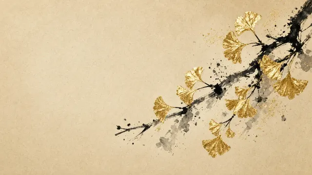Minimalist Sumi-e and Gold Leaf Painting of Autumn Ginkgo Branch