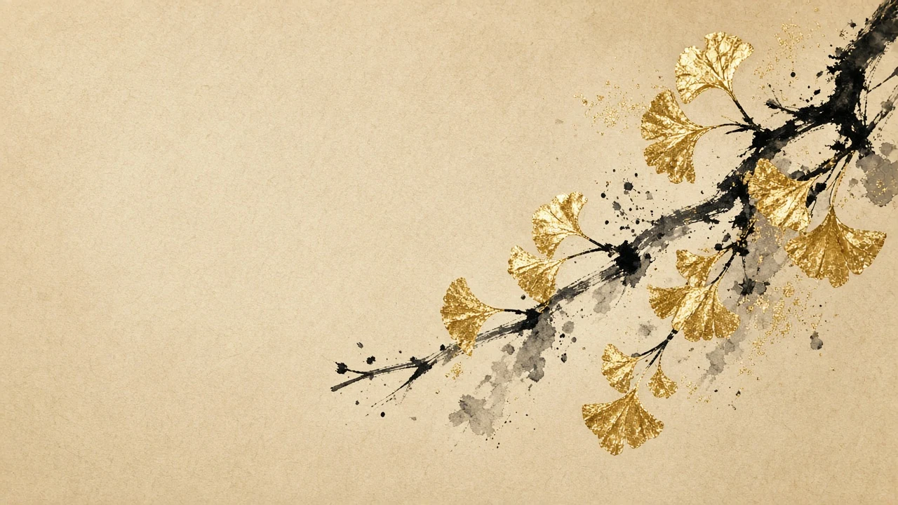 Minimalist Sumi-e and Gold Leaf Painting of Autumn Ginkgo Branch