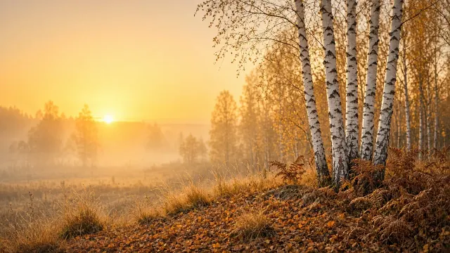 Vertical Sunset Birch Grove Blanketed in Golden Leaves Lock-Screen