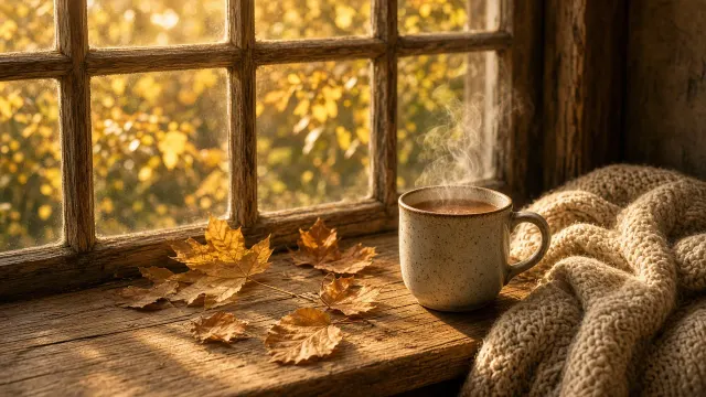 Sunlit Bay Window Nook with Golden Maple Leaves and Spiced Tea