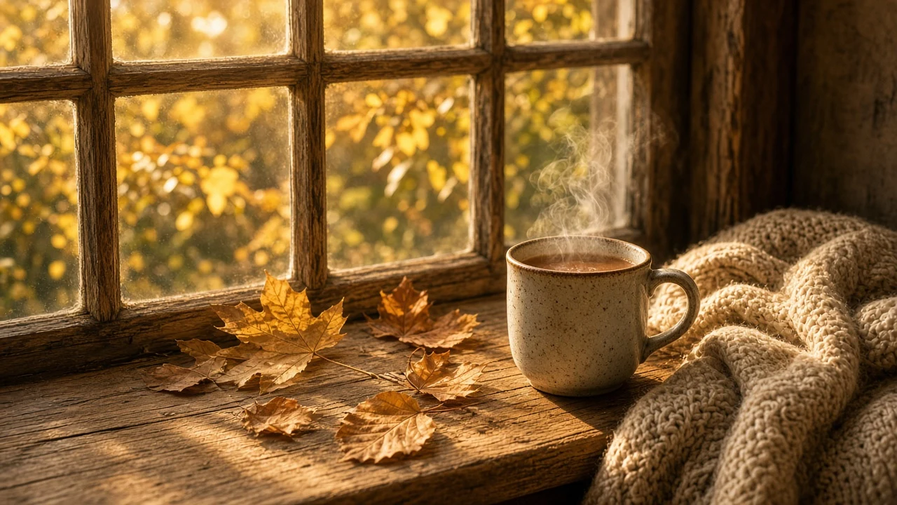Sunlit Bay Window Nook with Golden Maple Leaves and Spiced Tea