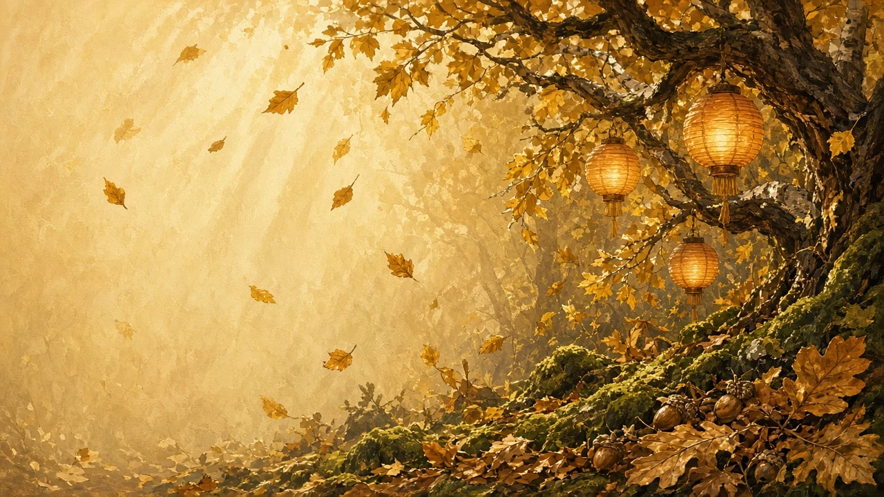 Gouache Woodland Clearing with Glowing Lanterns and Golden Canopy