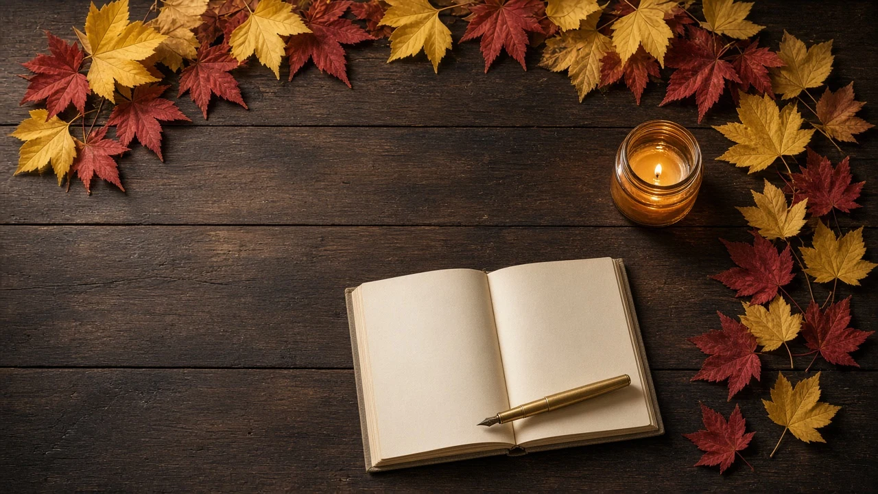 Rustic Flat Lay with Golden Ginkgo Foliage and Linen Journal