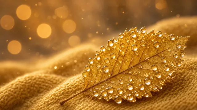 Dewy Macro Golden Leaf on Knitted Wool Scarf