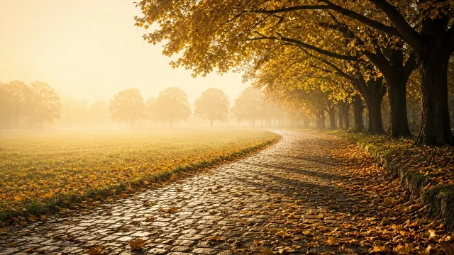 Cobblestone Path Under Golden Maple Canopy for Lock Screen
