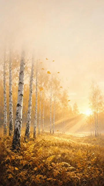 Misty Luminous Birch Grove Digital Matte Painting