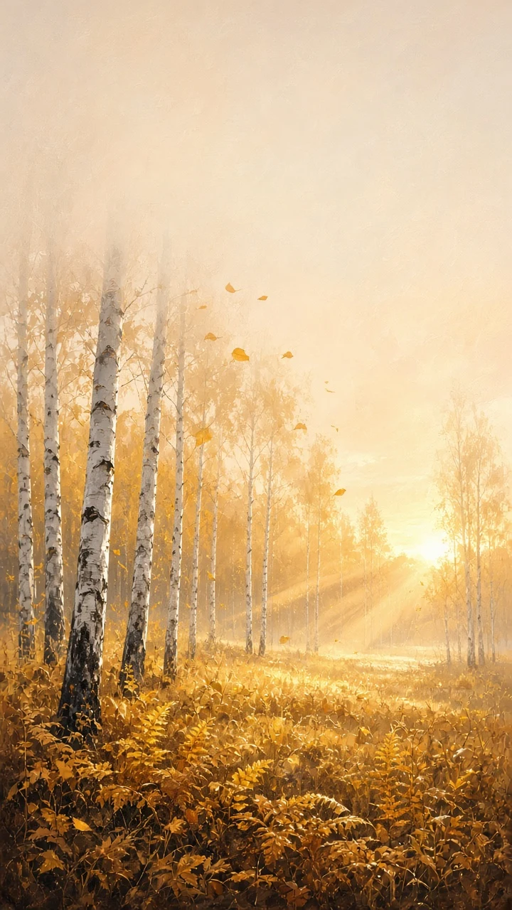 Misty Luminous Birch Grove Digital Matte Painting