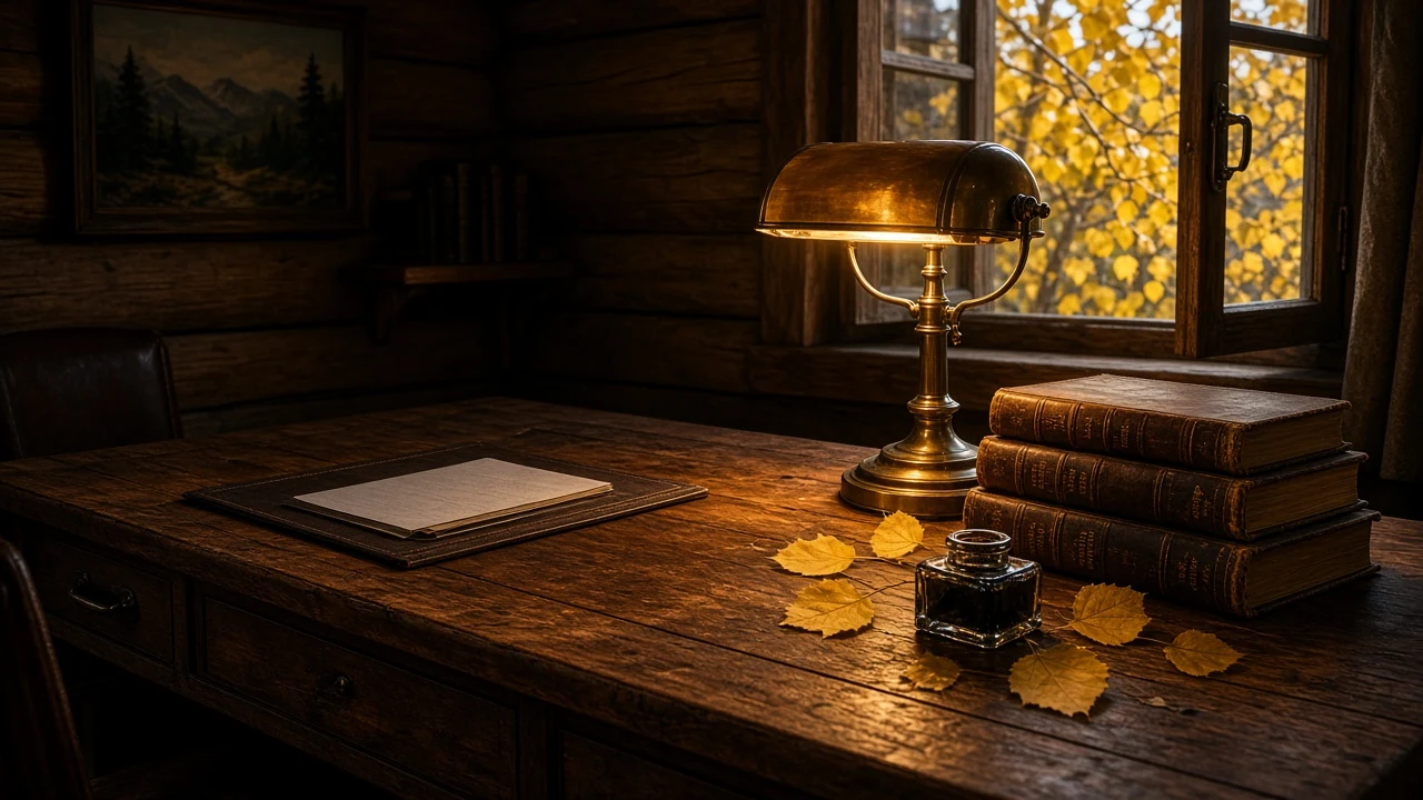 Cabin Library Desk with Golden Aspen Leaves and Banker Lamp