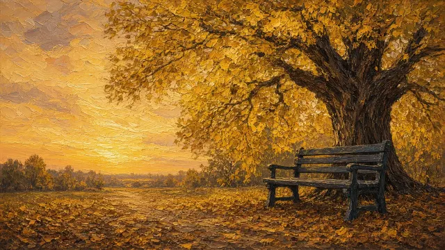 Impasto Oil Painting of Solitary Park Bench Beneath Golden Elm