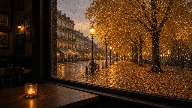 Rain-Streaked Cafe Window Overlooking Golden Boulevard