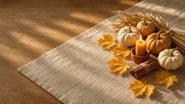 Harvest Tabletop Still Life with Heirloom Squash and Golden Foliage