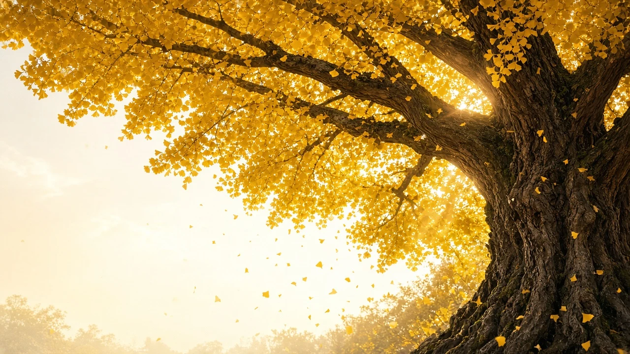 Vertical Canopy Upward Angle of Ancient Golden Ginkgo Tree