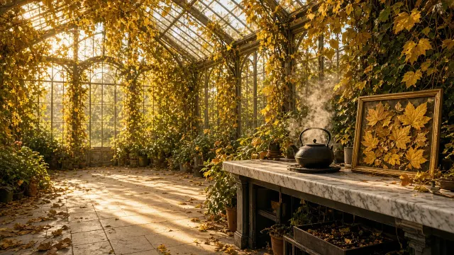 Sun-Drenched Conservatory with Golden Vines and Steaming Kettle