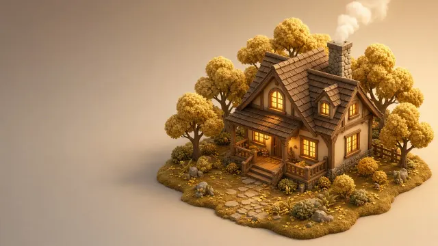 Cozy 3D Stylized Autumn Cabin Miniature with Golden Treetops