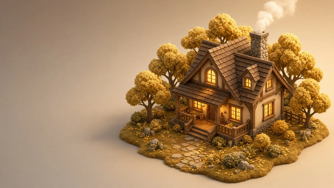 Cozy 3D Stylized Autumn Cabin Miniature with Golden Treetops
