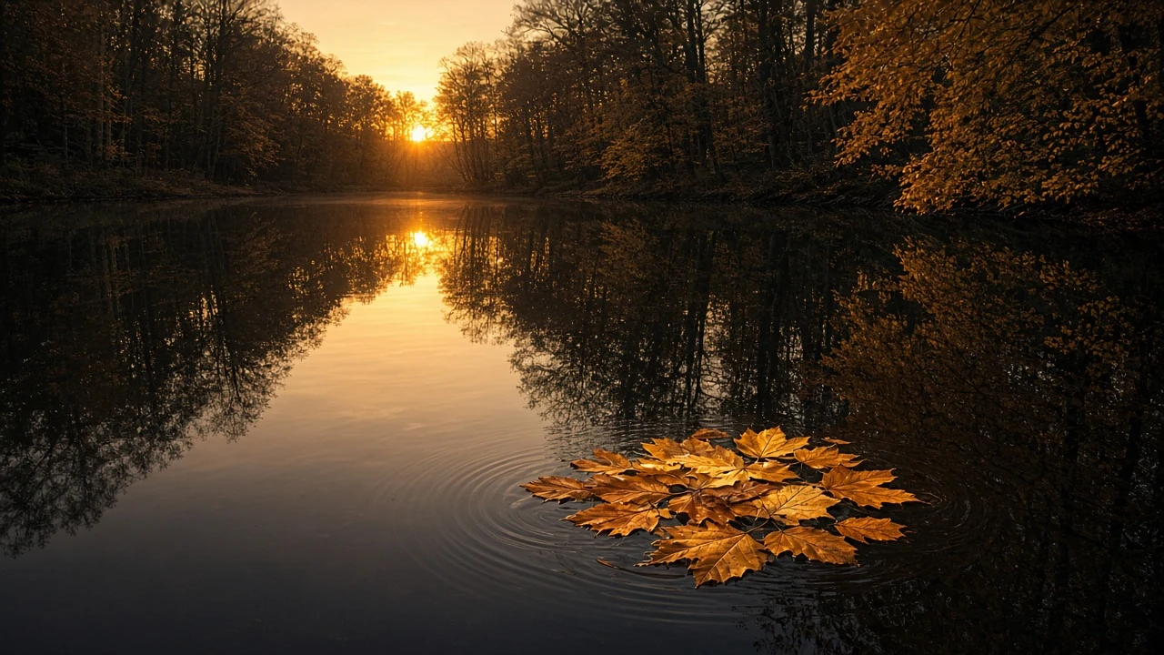 Reflective Forest Pond with Drifting Golden Leaves at Sunset