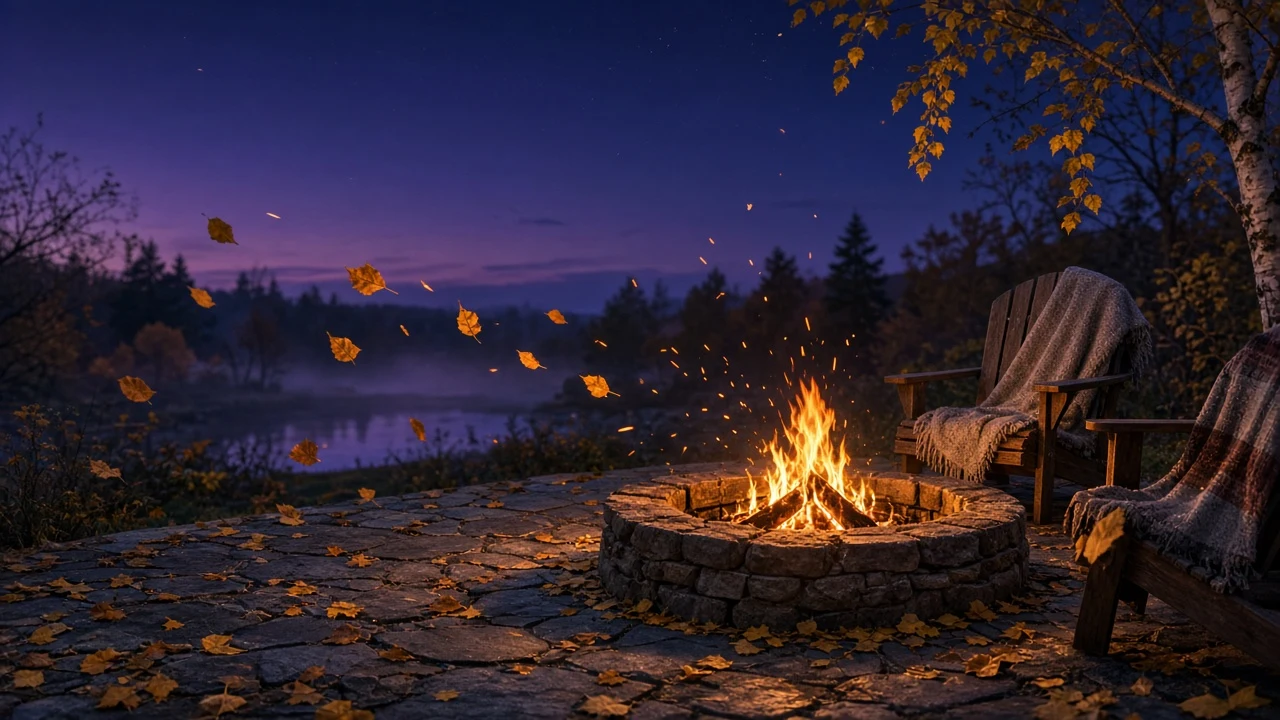 Patio Fire Pit at Dusk with Swirling Golden Sparks and Leaves