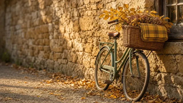 Vintage Bicycle with Foliage Basket Against Warm Stone Wall